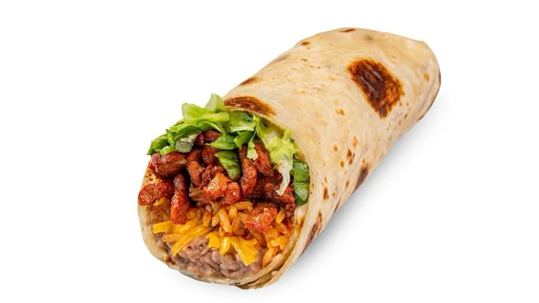 Burrito filled with meat, rice, beans, cheese, and lettuce